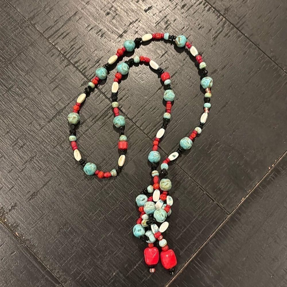 Southwestern Boho Genuine Turquoise Coral Onyx Knotted Necklace​​​